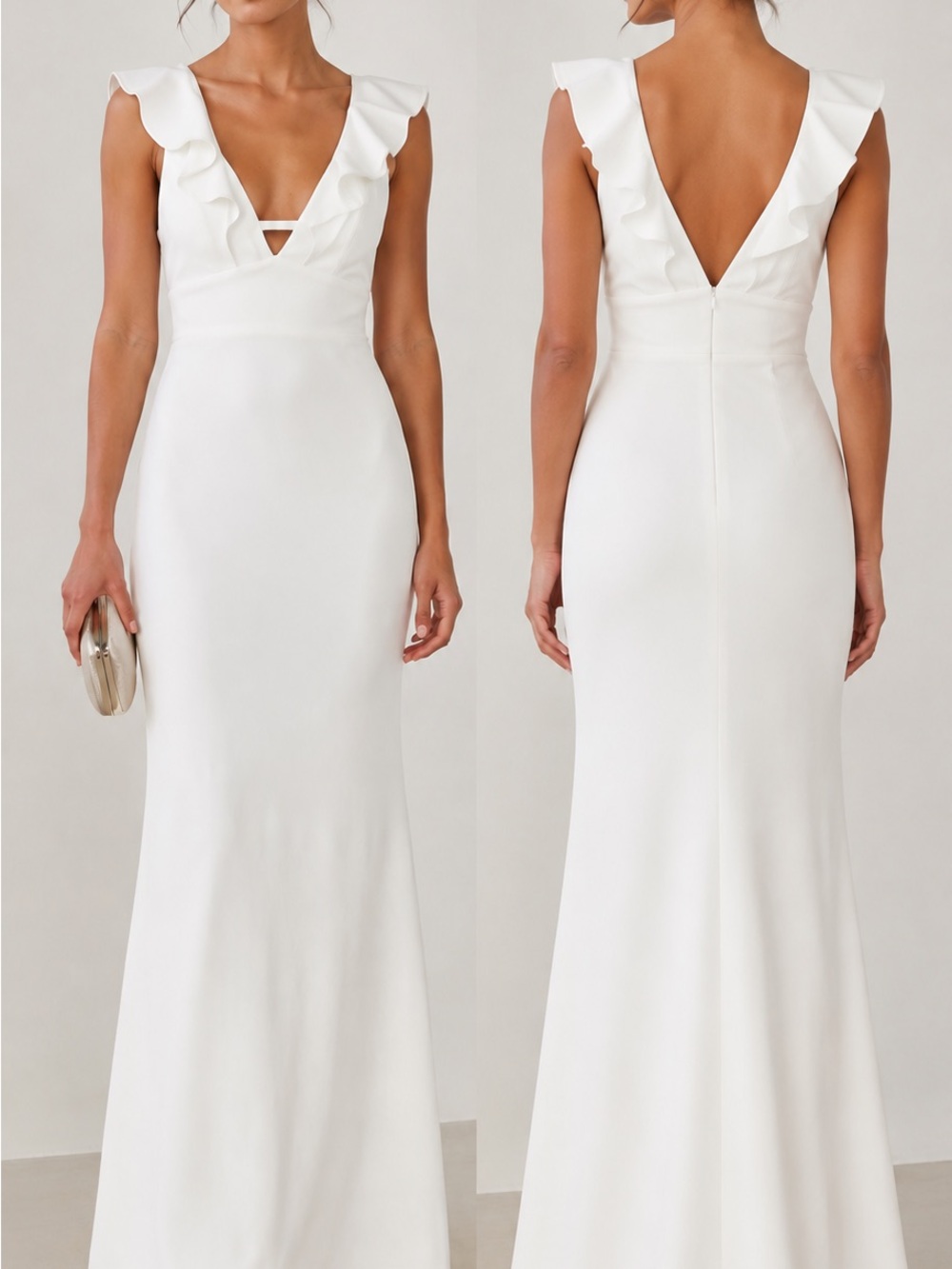 ABS by Allen Schwartz White Ruffle V-Neck Maxi Gown in Natural White